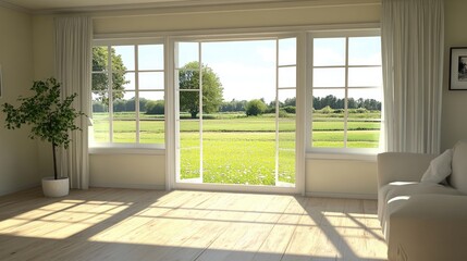 Fototapeta premium Bright and airy suburban living room with large windows showcasing scenic views of outdoor greenery and natural light streaming in