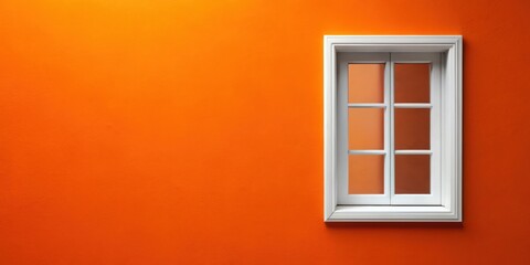 A solitary white window with a mullioned design is set against a vibrant orange wall.