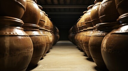 Traditional winery cellar corridor showcasing clay jars for aging wine highlighting the rich heritage of viticulture and winemaking techniques.