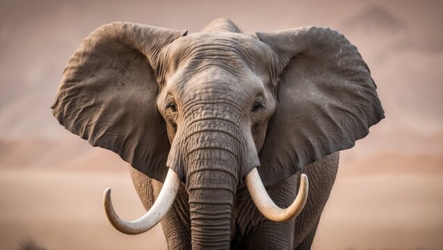 Curved tusked bull elephant facing camera.