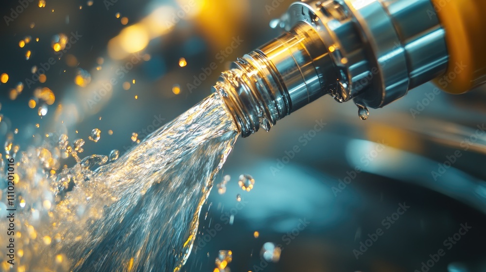 Poster high-resolution close-up of a lathe machine coolant system with water splashing, showcasing industri