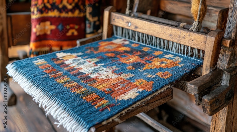 Poster handcrafted traditional mat loom weaving with vibrant patterns showcasing intricate artistry and cra