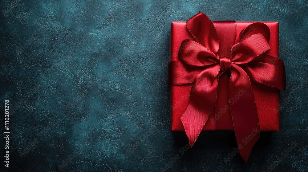 Poster Red gift box adorned with a vibrant red ribbon bow set against a textured dark background creating a festive and elegant presentation scene