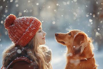 Happy teenage girl and her dog playing in the snow on a sunny winter day. Generated by artificial intelligence - Powered by Adobe