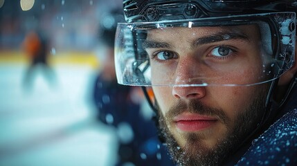 Close-up portrait of a determined hockey player in uniform focused on the game with a blurred background in an ice rink setting.