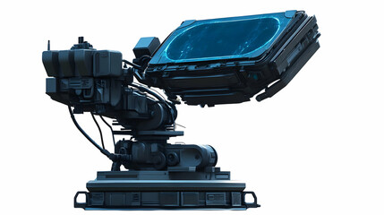 A futuristic robotic device with a transparent display, designed for advanced operations.