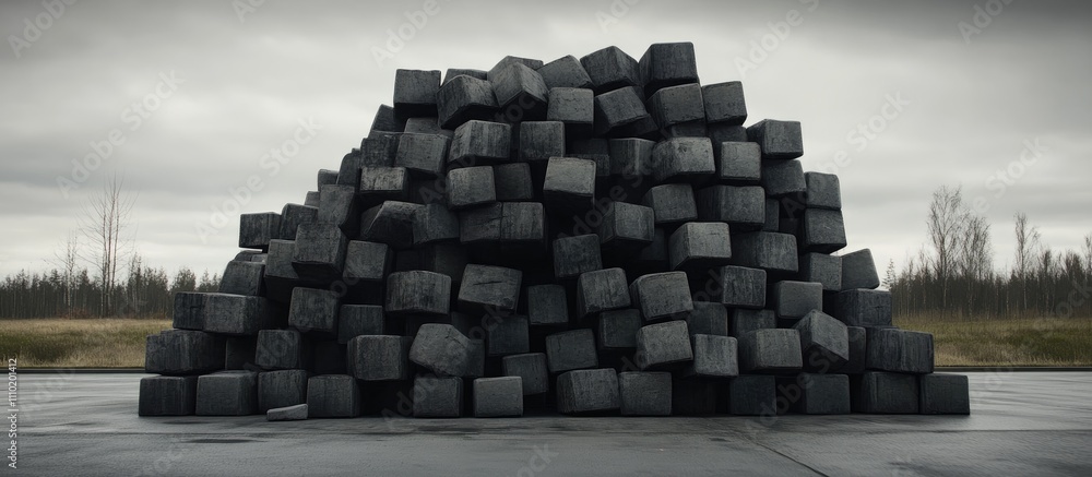 Aufkleber Stacked black cubes forming a pyramid structure against a moody sky in a minimalist outdoor setting illustrating stability and strength.