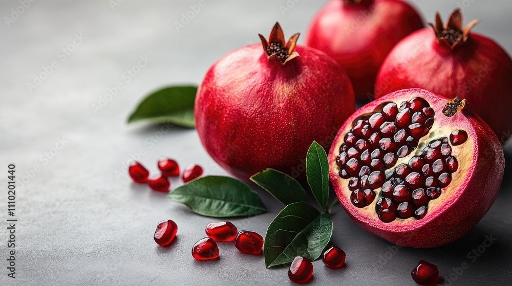 Aufkleber fresh ripe pomegranates with one cut open revealing juicy seeds and green leaves on a rustic backgro