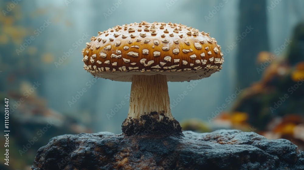 Aufkleber shiitake mushroom in a misty forest setting with natural background elements