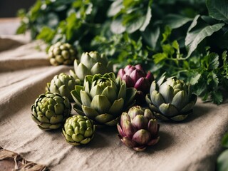 Obraz premium Fresh and Vibrant Artichokes Arranged on Rustic Fabric Surrounded by Green Leaves for Organic Culinary Inspiration and Healthy Eating Concepts.