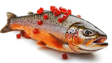 Obraz premium Salmon fish garnished with bright red roe on a clean white background showcasing its vibrant colors and details