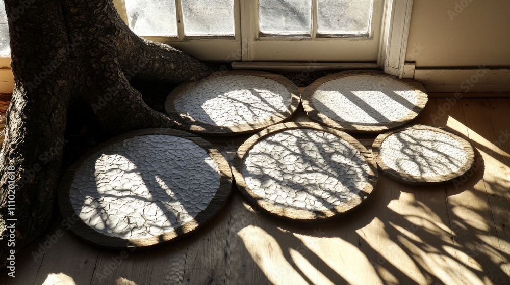 Aufkleber Sun-dried Saa paper placed in wooden frames on the floor with tree shadows creating a textured, artistic display indoors