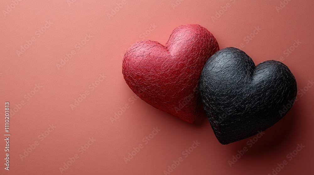 Poster red and black decorative hearts on a soft pink background creating a romantic and whimsical space fo