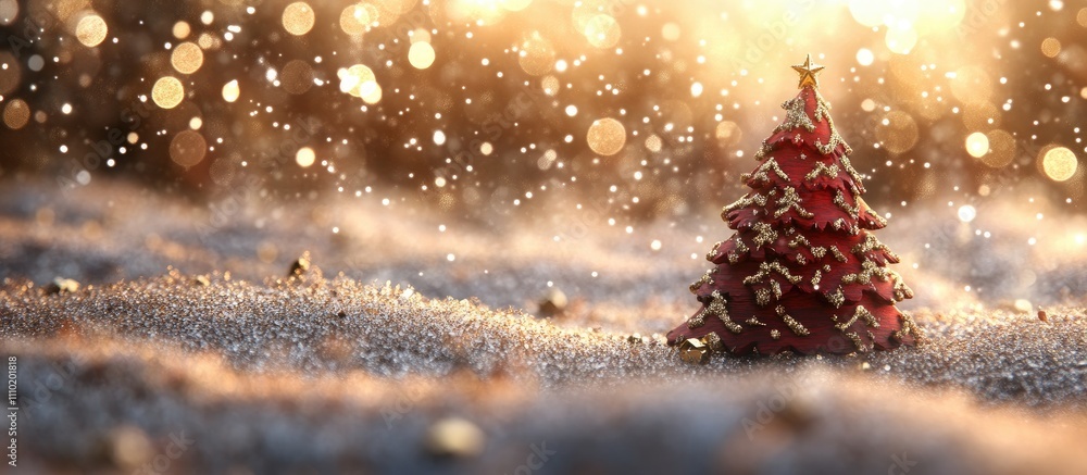 Poster festive silver and gold christmas backdrop with a red wooden carved tree surrounded by shimmering sn