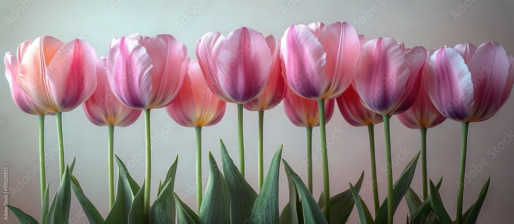 Aufkleber elegant arrangement of pink and purple tulips on a white background with space for text in an overhe