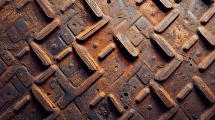 Rusty checker plate floor texture with weathered surface showcasing industrial aesthetic and aged metal details for background use.