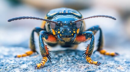 Fototapeta premium Colorful Macro Shot of a Vibrant Insect with Bold Patterns and Details Captured in Natural Habitat on a Stony Surface
