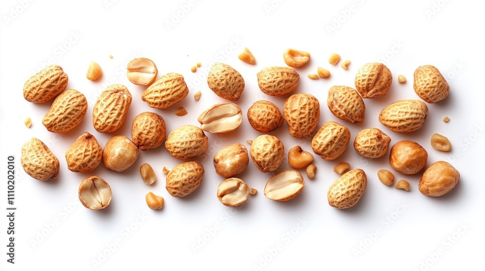Poster roasted peanuts arranged on a white background showcasing their texture and color in a vibrant and a