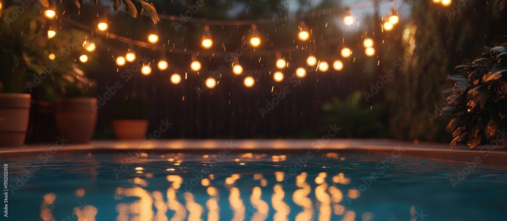 Poster Cozy evening by the pool with raindrops and glowing string lights creating a serene atmosphere in a lush garden setting