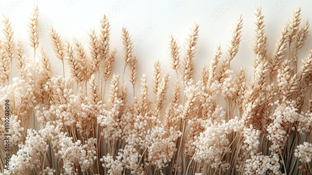 Poster Ripe wheat ears arranged elegantly with a soft white background providing ample copy space for text or design elements.