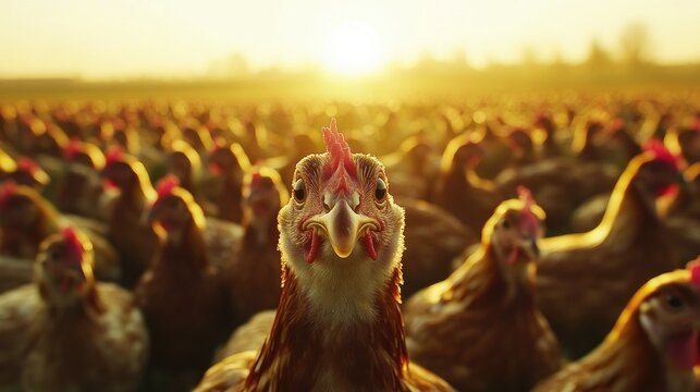Free-range poultry flock at sunset showcasing healthy birds raised for sustainable meat and nutrition on a farm landscape