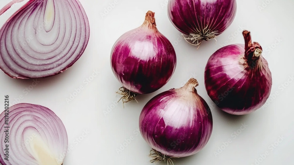 Poster fresh whole and sliced red onions arranged on a white background showcasing their texture and vibran