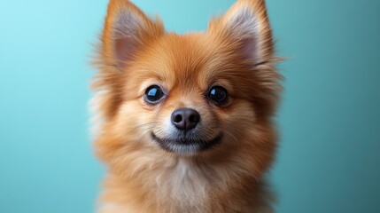 Obraz premium Pomeranian puppy portrait showcasing its adorable features against a soft blue background for pet-themed design projects