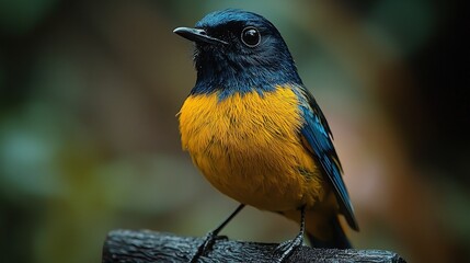 Fototapeta premium Vibrant blue and yellow songbird perched in lush forest
