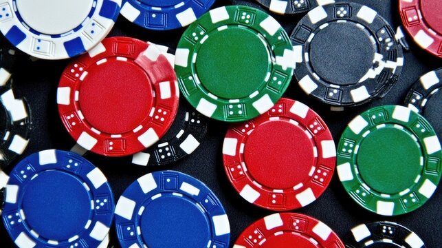 Colorful poker chips scattered on a sleek black backdrop highlighting the excitement of gambling and gaming strategies.