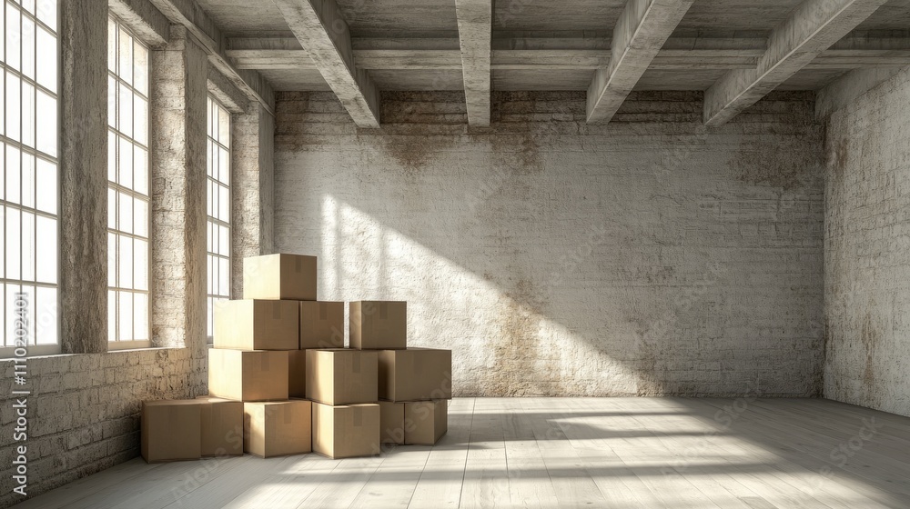 Aufkleber empty room with stacked moving boxes illuminated by natural light through large windows in an indust