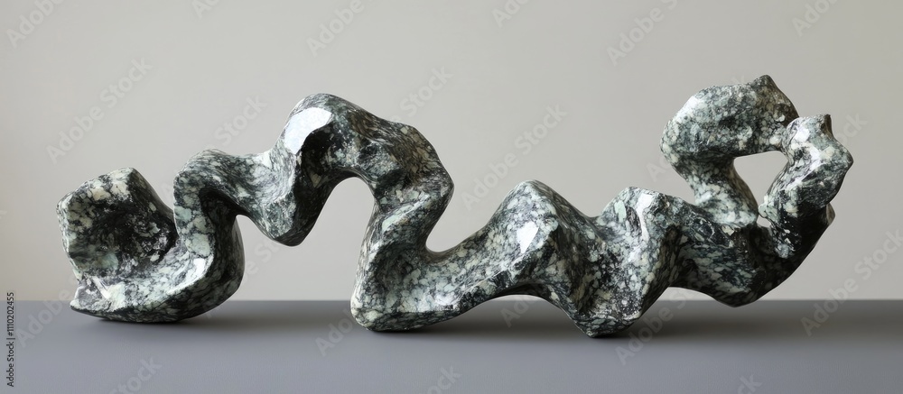 Poster serpentine sculpture with abstract design displayed on a neutral grey background showcasing artistic