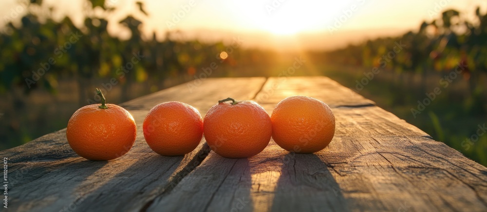 Poster fresh oranges arranged on a rustic wooden table with a soft sunset and vineyard background creating 