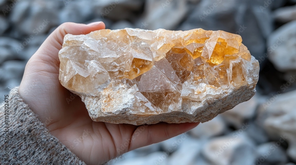 Poster quartzite specimen displayed in hand showcasing its unique textures and colors against a natural roc
