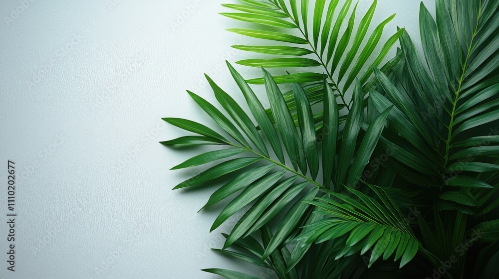 Poster lush green palm leaves creating a vibrant background texture against a subtle white backdrop in a ha