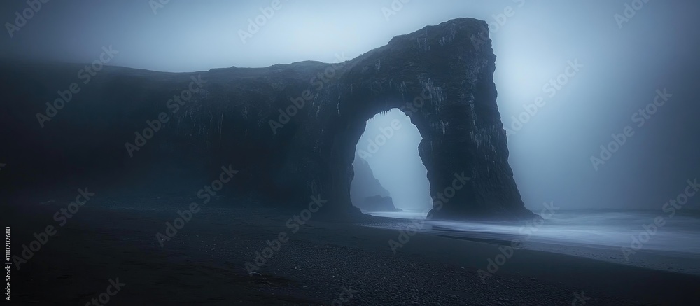 Aufkleber mysterious foggy seascape with dramatic rock formation and long exposure effect creating a serene at