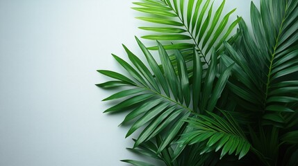 Fototapeta premium Lush green palm leaves creating a vibrant background texture against a subtle white backdrop in a harmonious tropical arrangement
