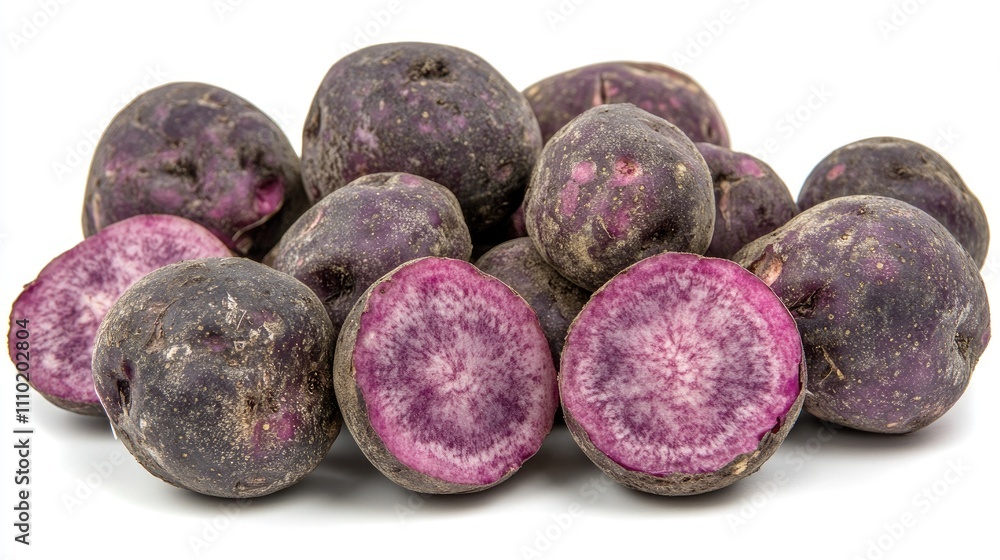 Poster purple potatoes close-up display showcasing their unique color and texture isolated on a white backg
