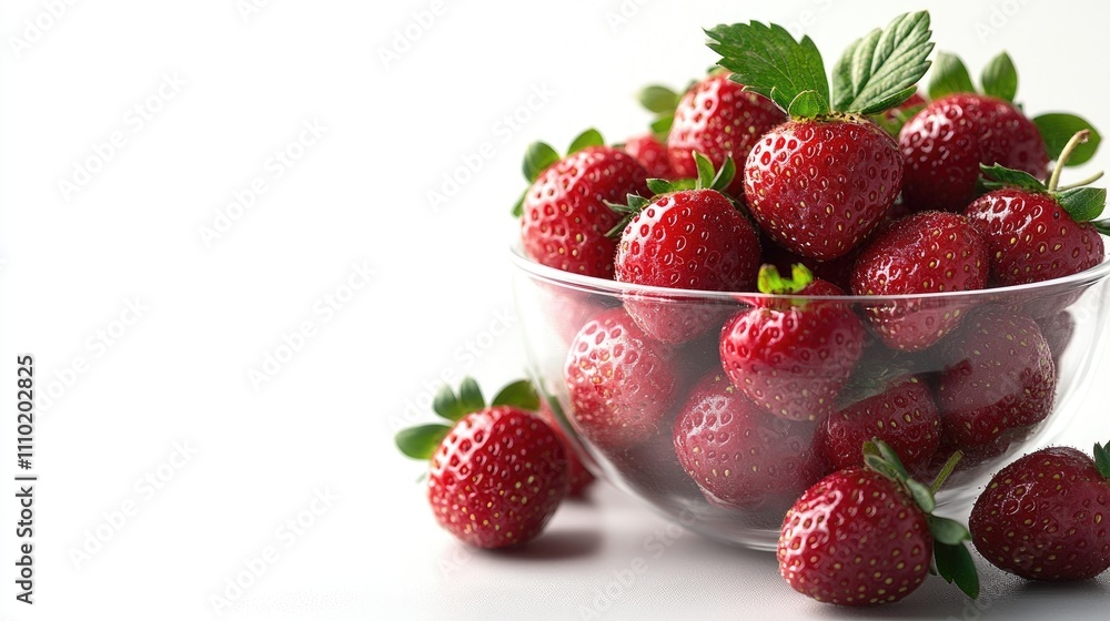 Aufkleber Fresh ripe strawberries in a clear bowl on a white background ideal for culinary or health-related concepts with space for customization.