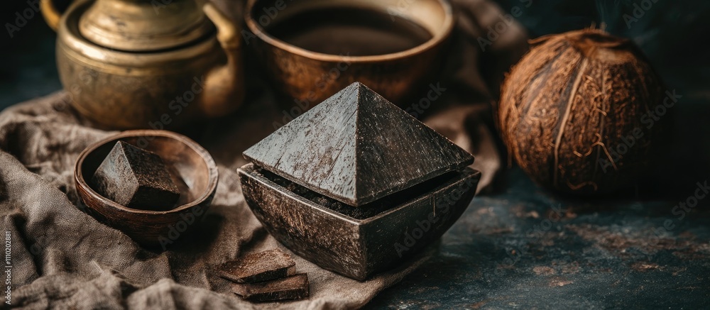 Aufkleber charred coconut meal artfully crafted into a rhombus shape surrounded by natural elements and rustic