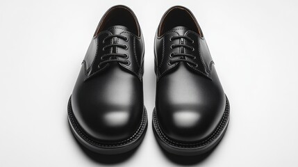 Elegant black leather shoes on a minimalist white background showcasing luxury footwear design and craftsmanship.