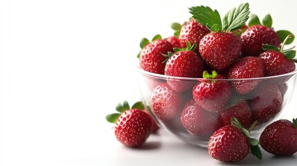 Fresh ripe strawberries in a clear bowl on a white background ideal for culinary or health-related concepts with space for customization.