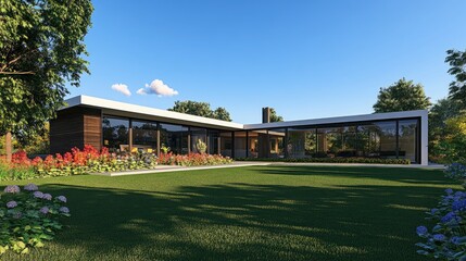 Modern L-shaped single-story house with large windows, surrounded by a manicured lawn and garden under a clear blue sky.