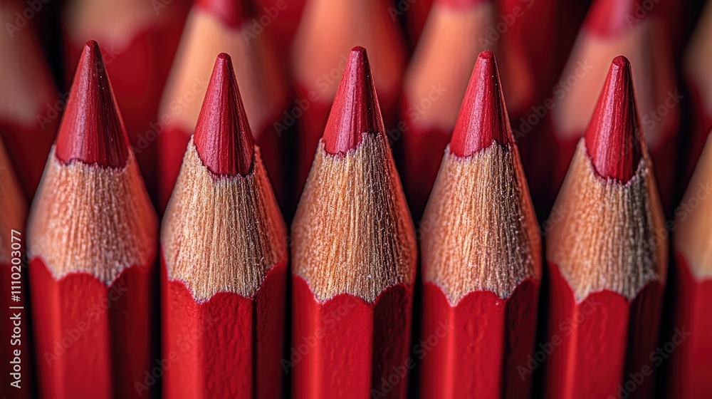Poster Red colored pencils arranged in a row with a blank canvas for text and creative writing concepts in the background.