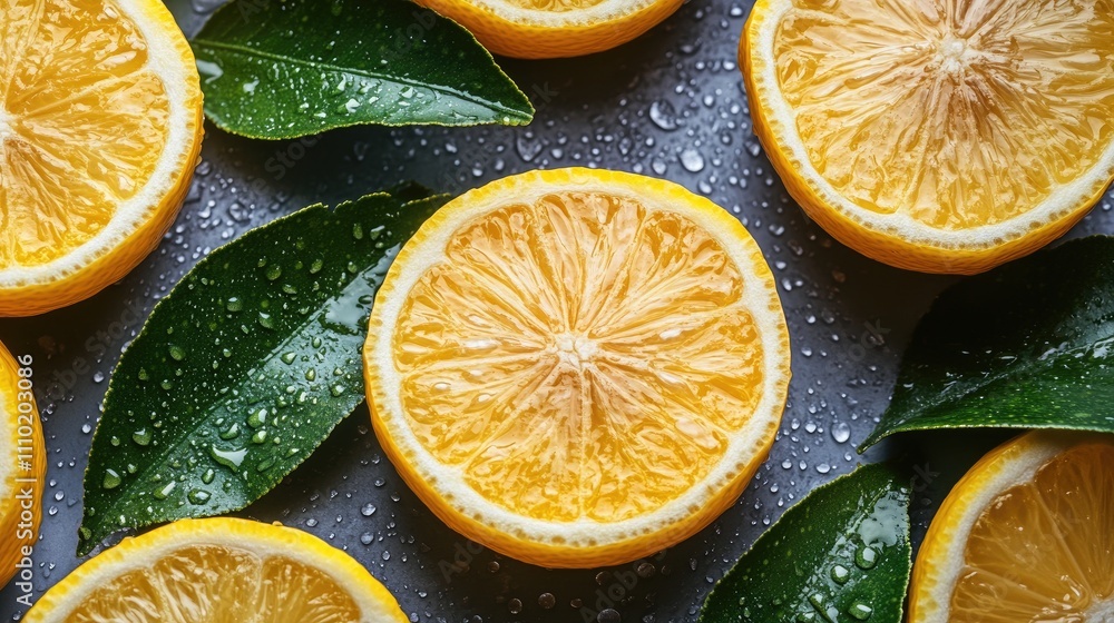 Poster flat lay of fresh lemon slices and green leaves on a textured surface with water droplets creating a