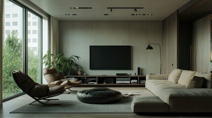 Modern Nordic living room with neutral tones, simple decor, and a focus on functional yet stylish furniture and soft natural lighting