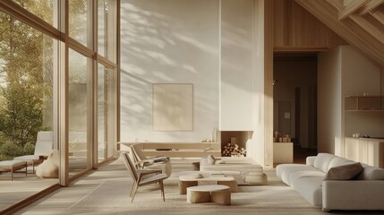Modern Nordic living room with neutral tones, simple decor, and a focus on functional yet stylish furniture and soft natural lighting