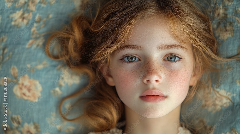 Wall mural Young girl with flowing hair in a soft dressing gown gazing serenely at the camera against a floral background.