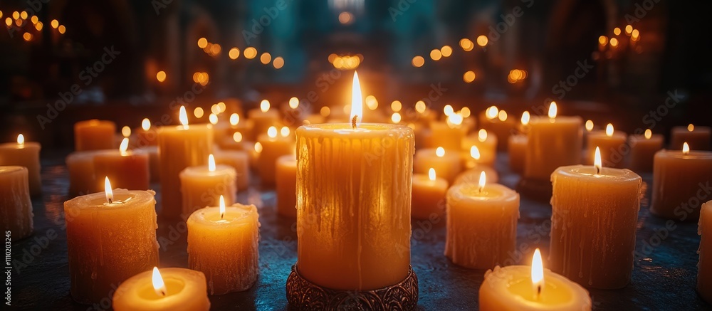 Poster Candles glowing softly in a dark room creating a warm and inviting atmosphere with intricate details in the foreground and background