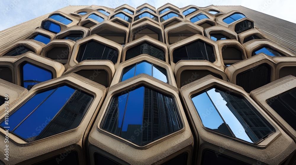 Poster geometric facade of modern building showcasing honeycomb architecture with reflections in windows ag