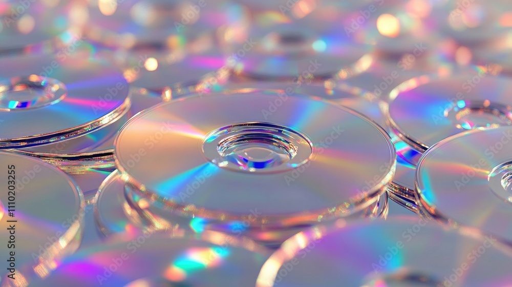 Poster close-up of reflective compact discs stacked together showcasing a colorful surface and data storage